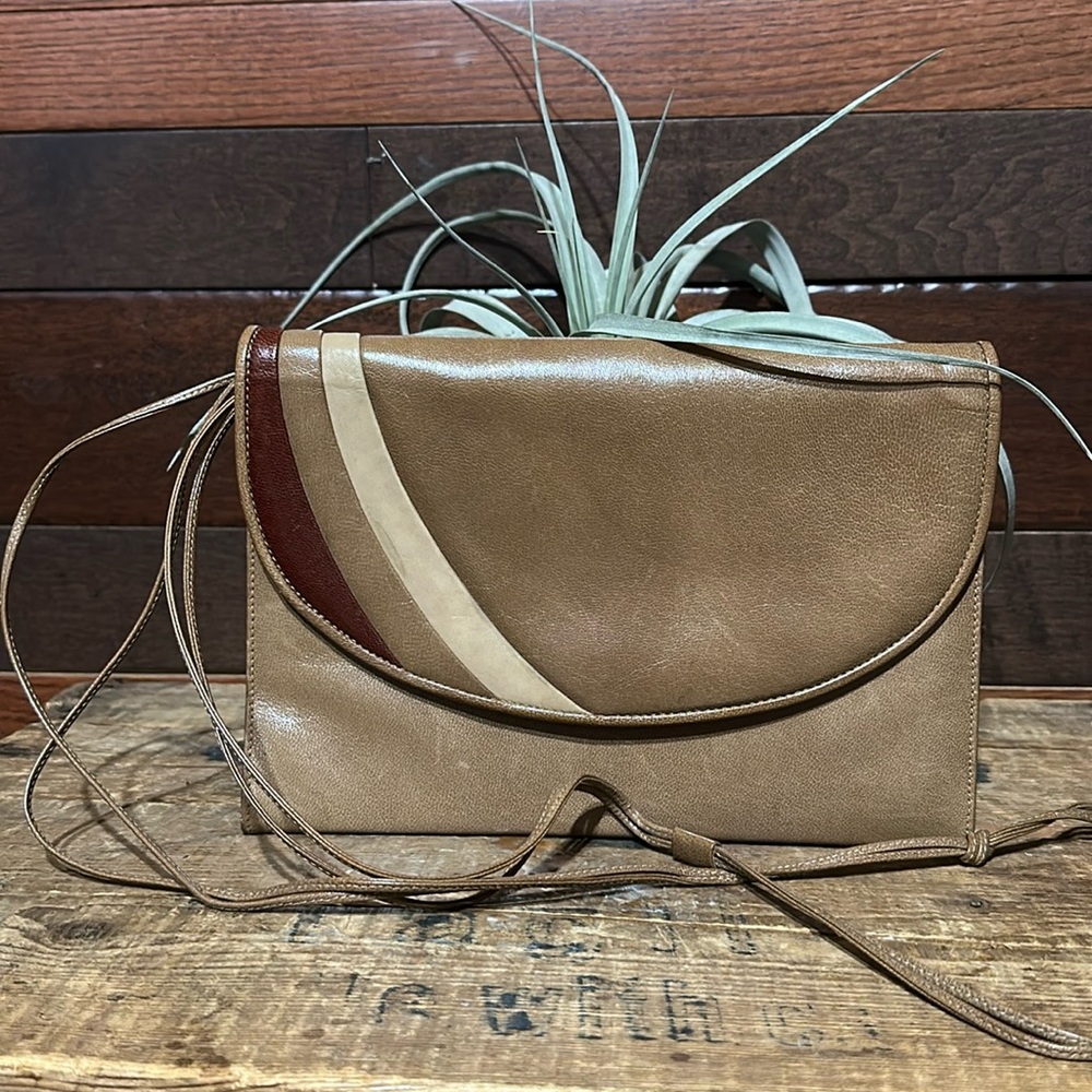Vintage Santi Brown and Tan Leather Clutch with Flap Closure